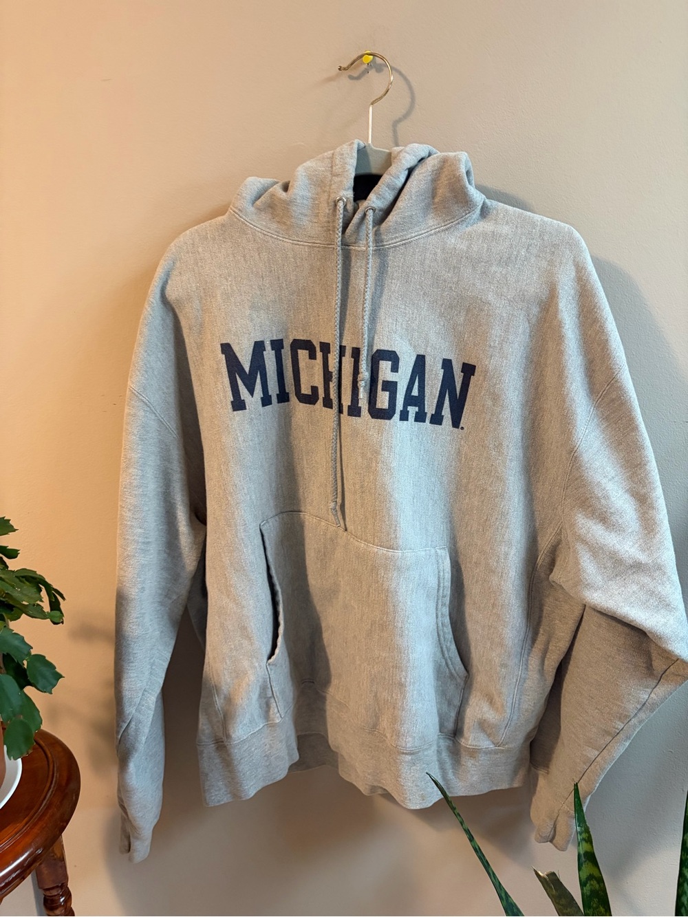 Champion Gray Michigan Pullover Hoodie with Navy Logo